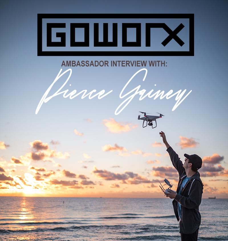 GoWorx ambassador interview cover: Pierce Gainey launching a drone at sunset