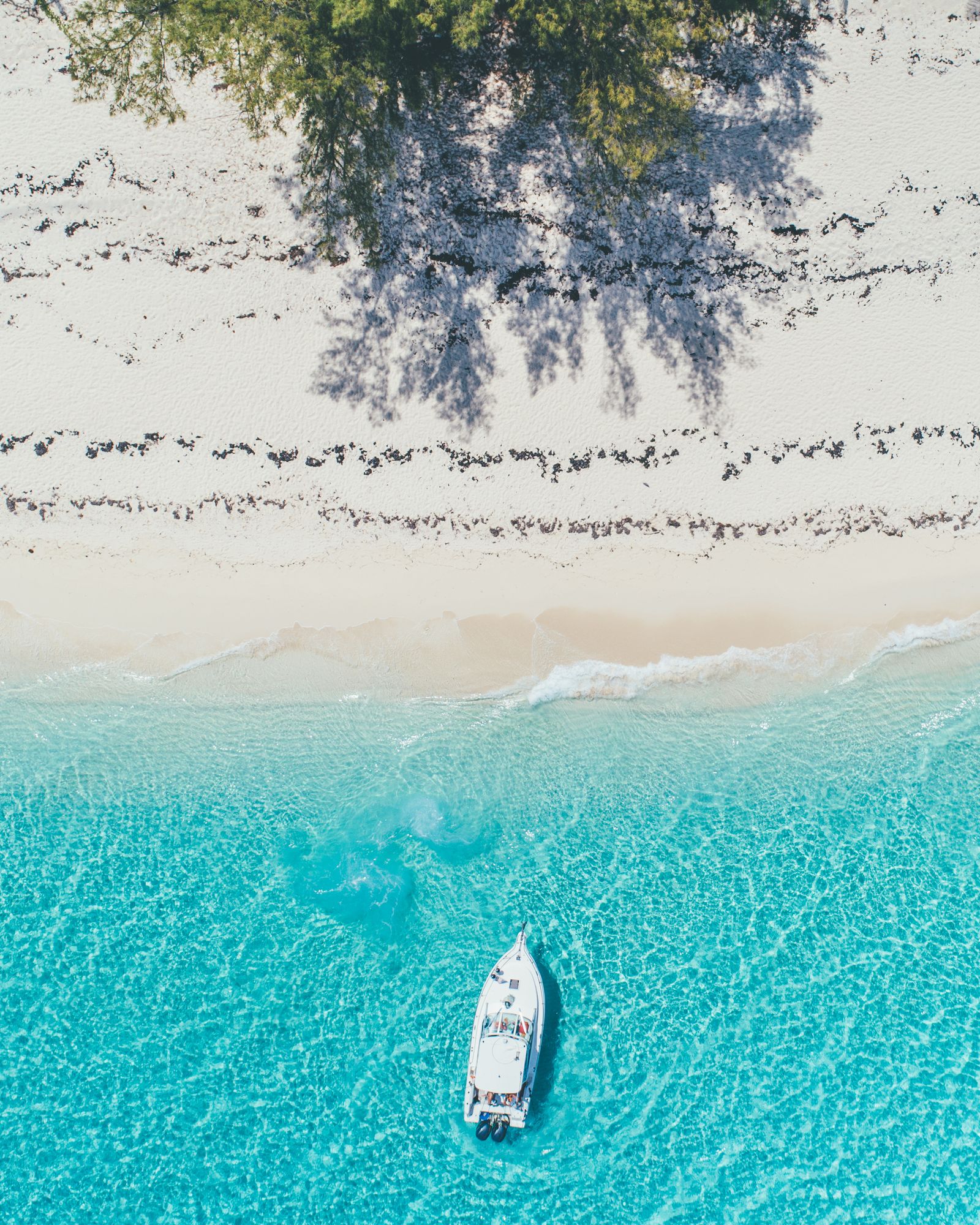 A white boat anchored in clear turquoise water off a pale sand beach lined with trees, seen from straight above