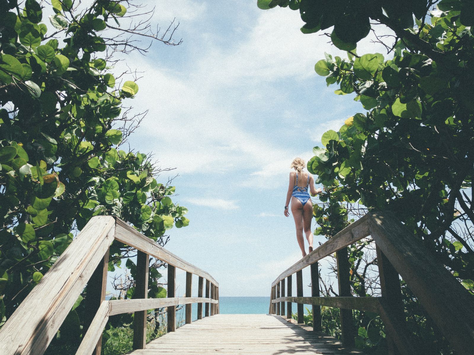 A wooden beach boardwalk framed by sea grape trees, opening to the ocean