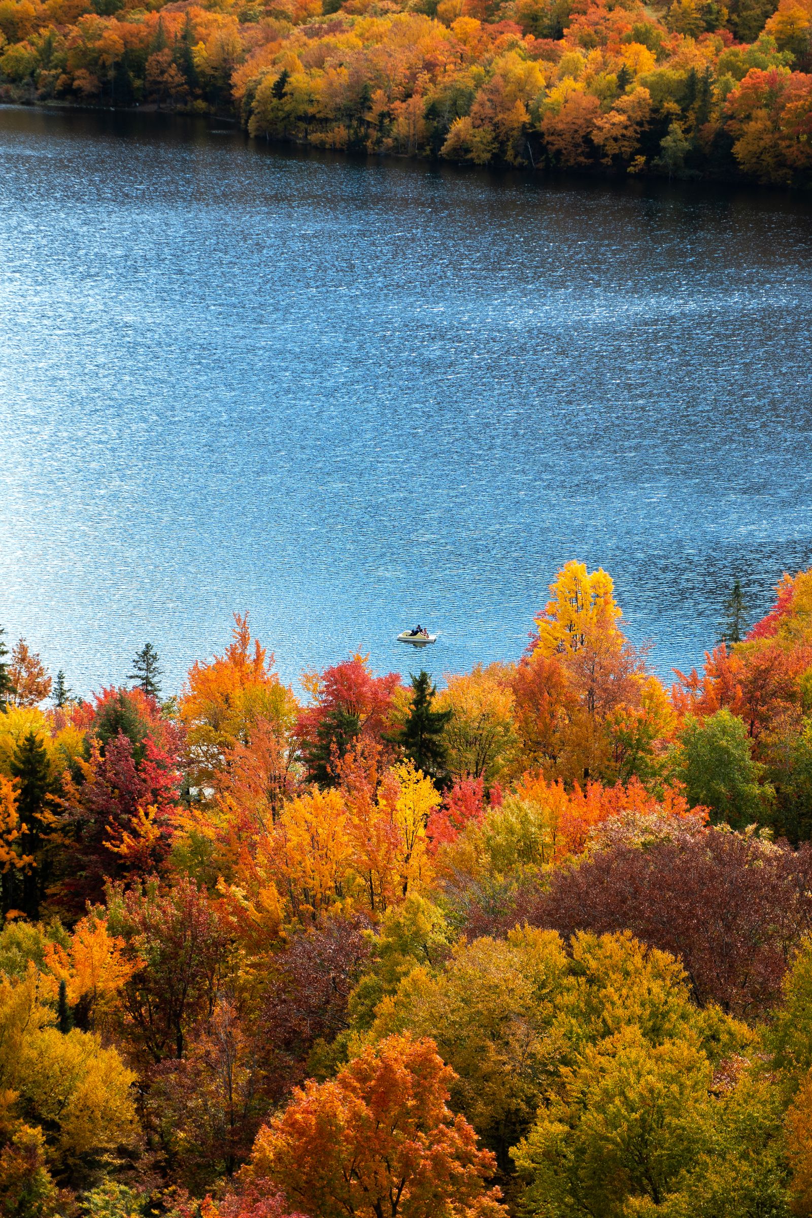 A blue lake edged by a forest of orange, red and yellow fall trees, seen from above