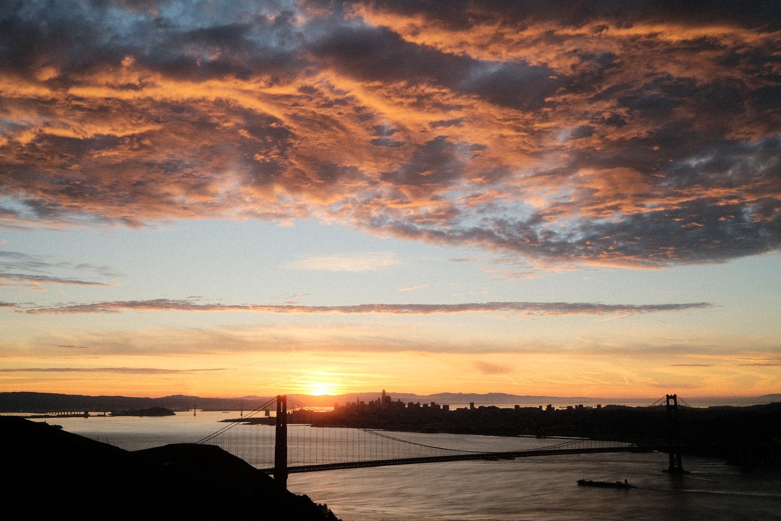 The sun setting behind the Golden Gate Bridge under a sky of orange clouds