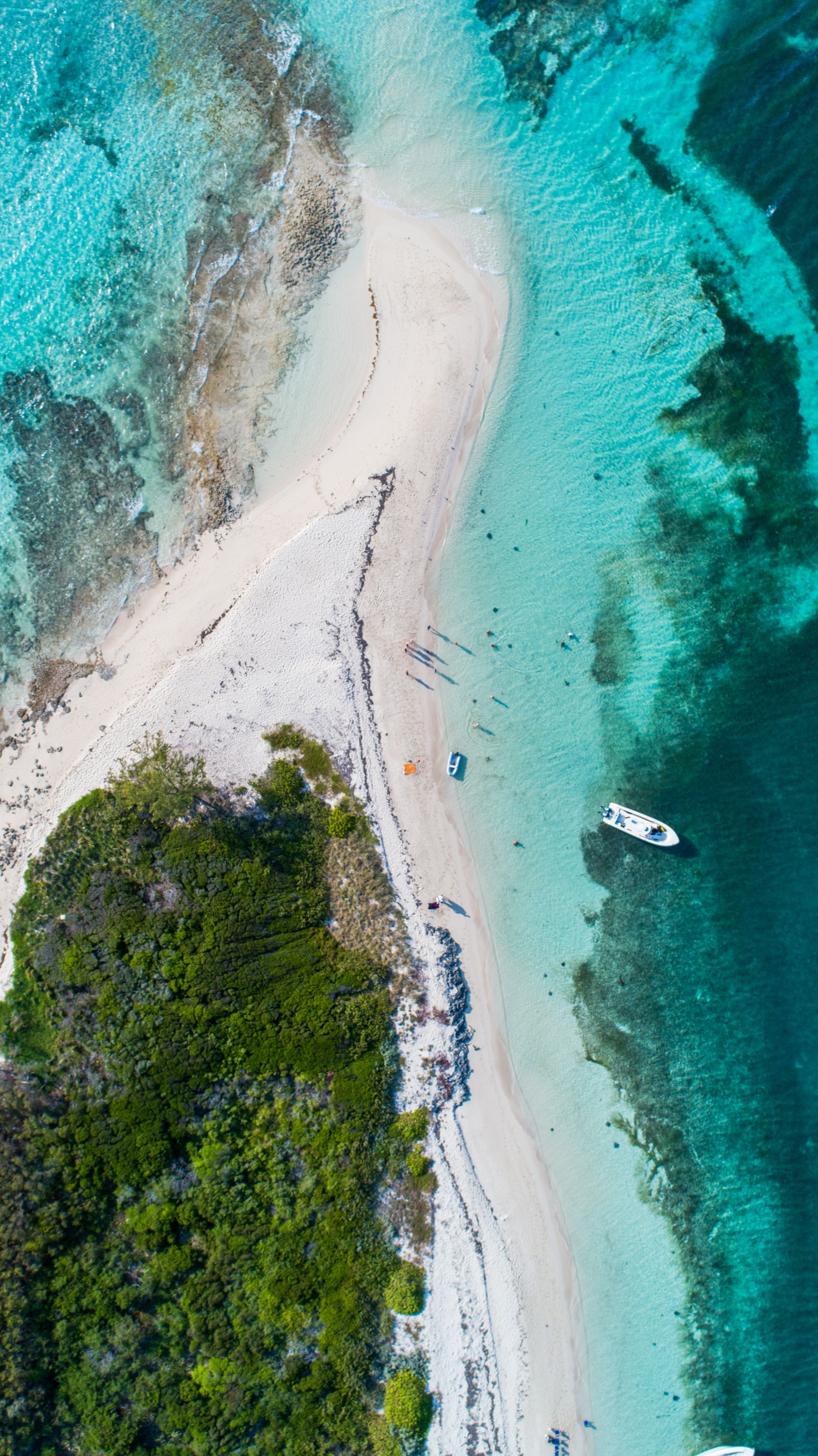 A thin sandbar of white beach and green brush cutting through turquoise Bahamian water