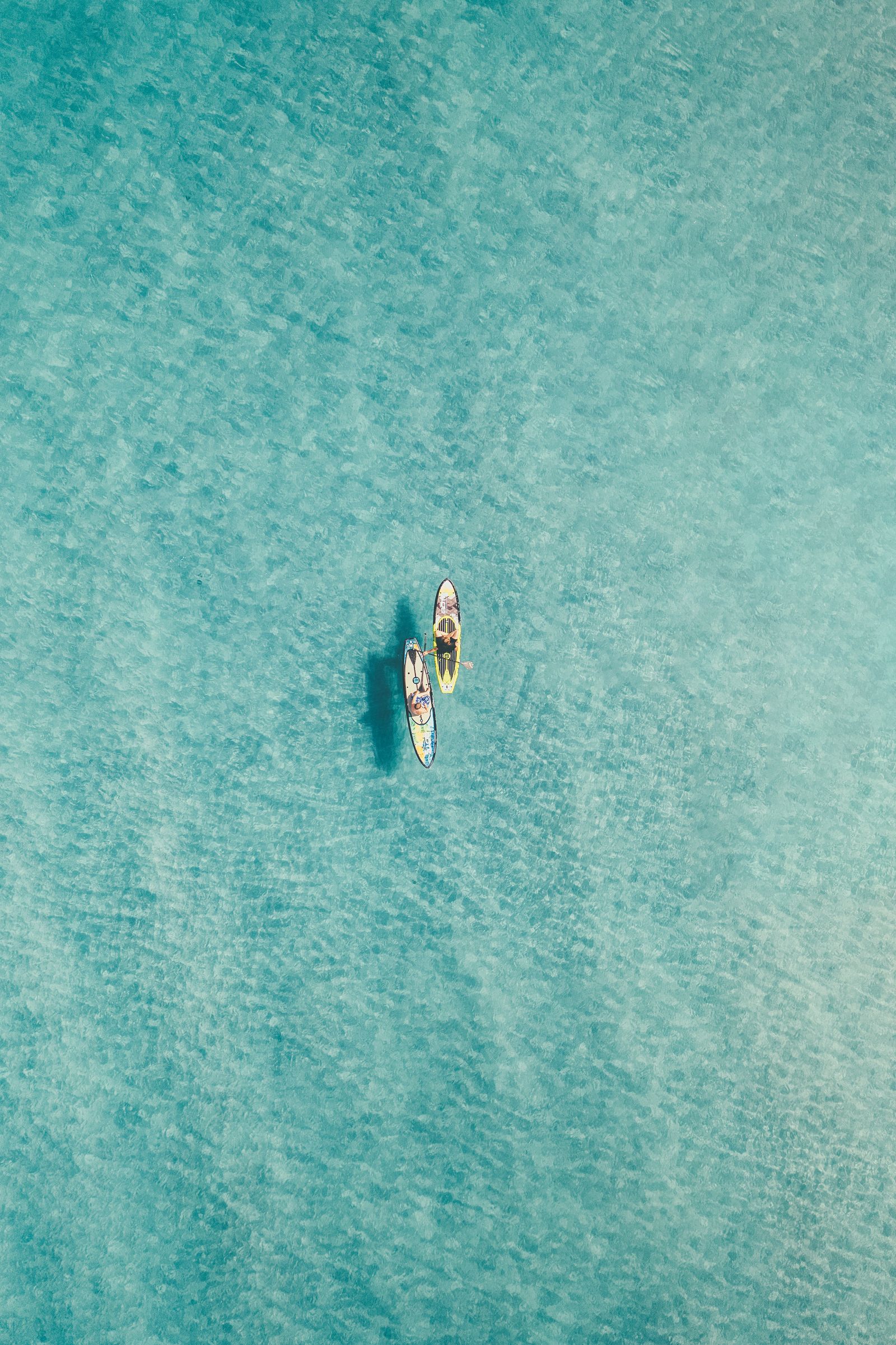 A paddleboarder alone on smooth turquoise water, seen from straight above
