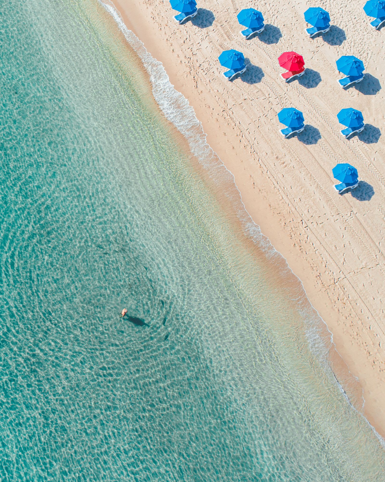 Rows of blue beach umbrellas with one red one along a strip of sand beside green water
